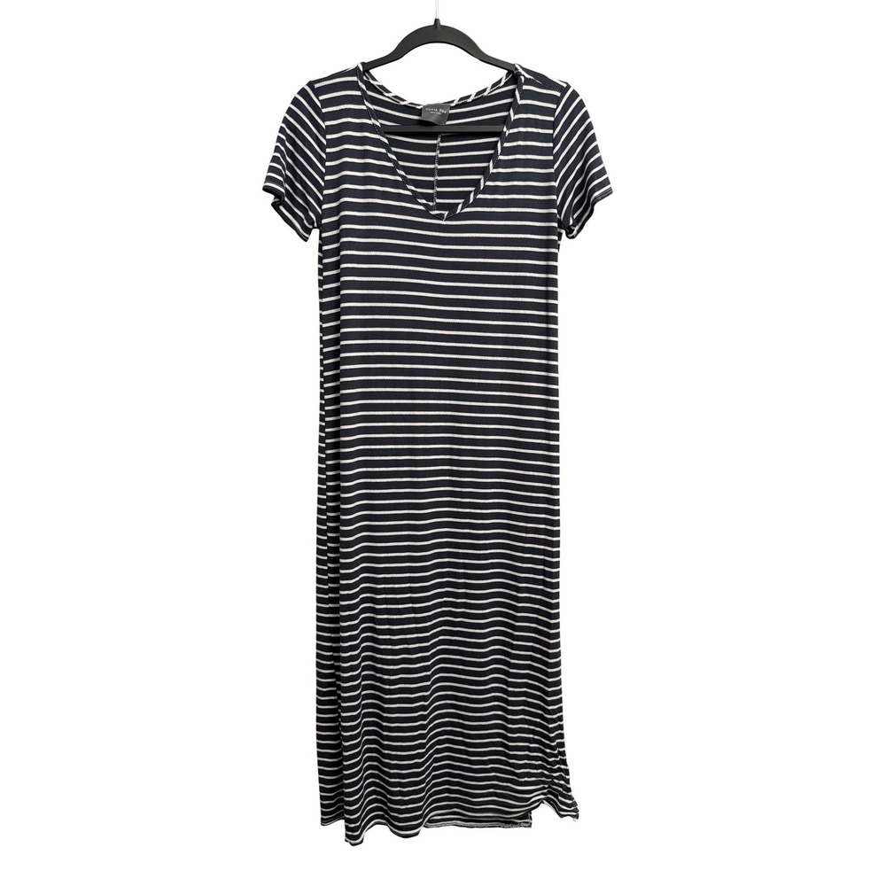 Olivia Rae New York Navy White Striped V-Neck Maxi Dress Small Side Slit Coastal